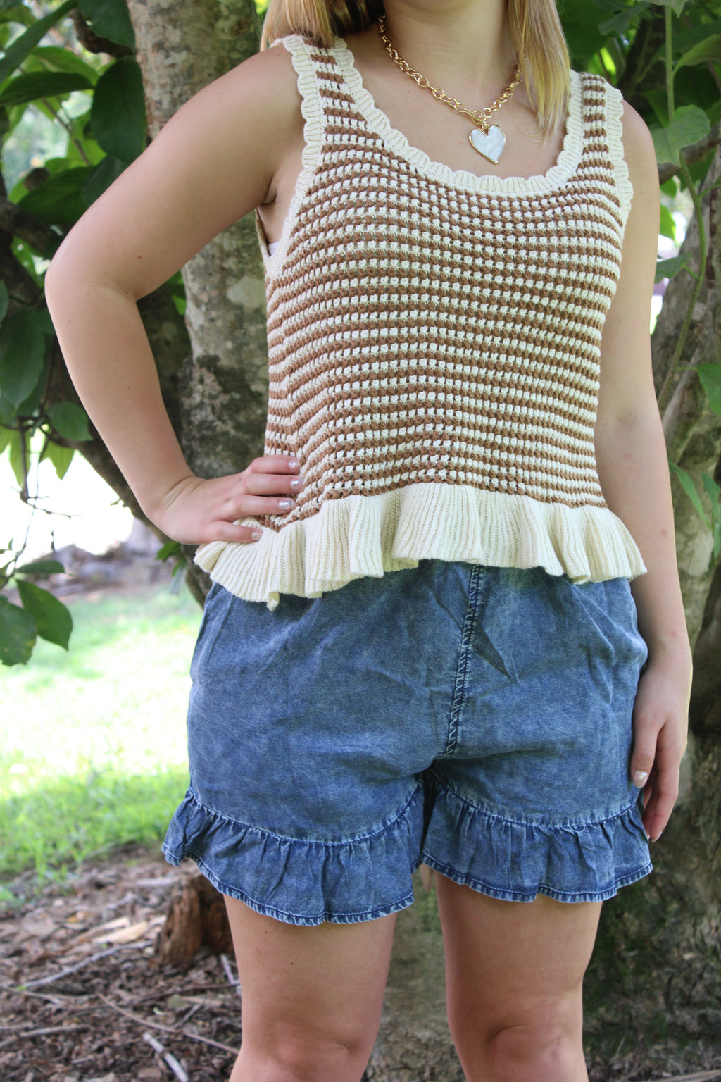 Ruffle Hem Stripe Sleeveless Knit Sweater