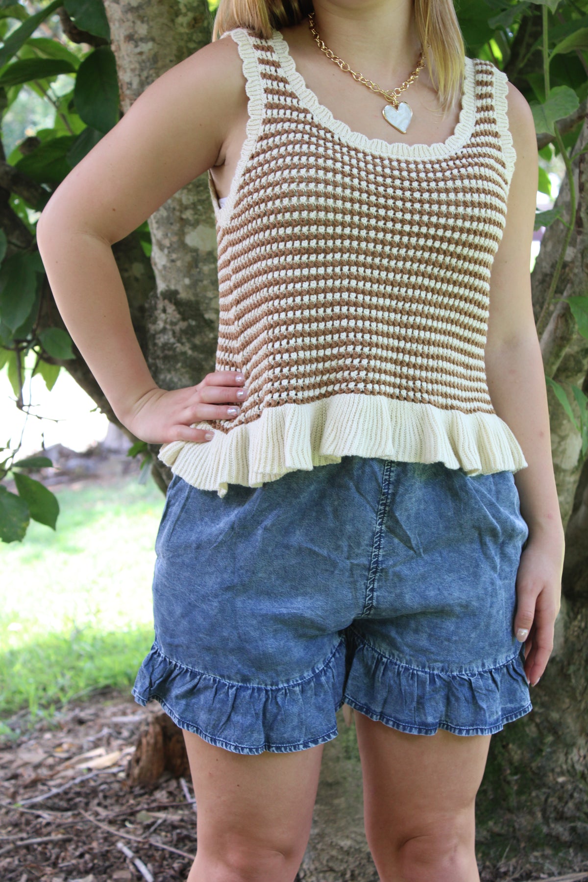 Ruffle Hem Stripe Sleeveless Knit Sweater