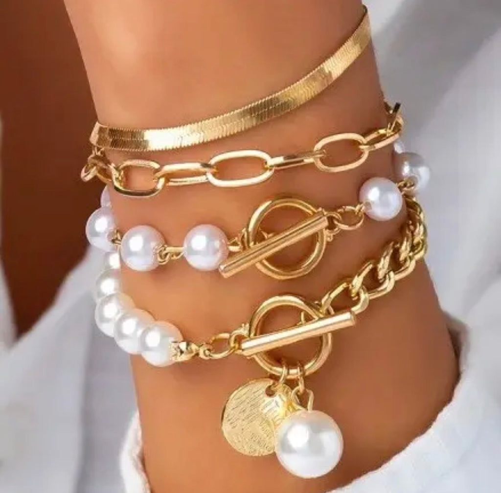 Gold Pearl & Herringbone Layered Bracelet Set