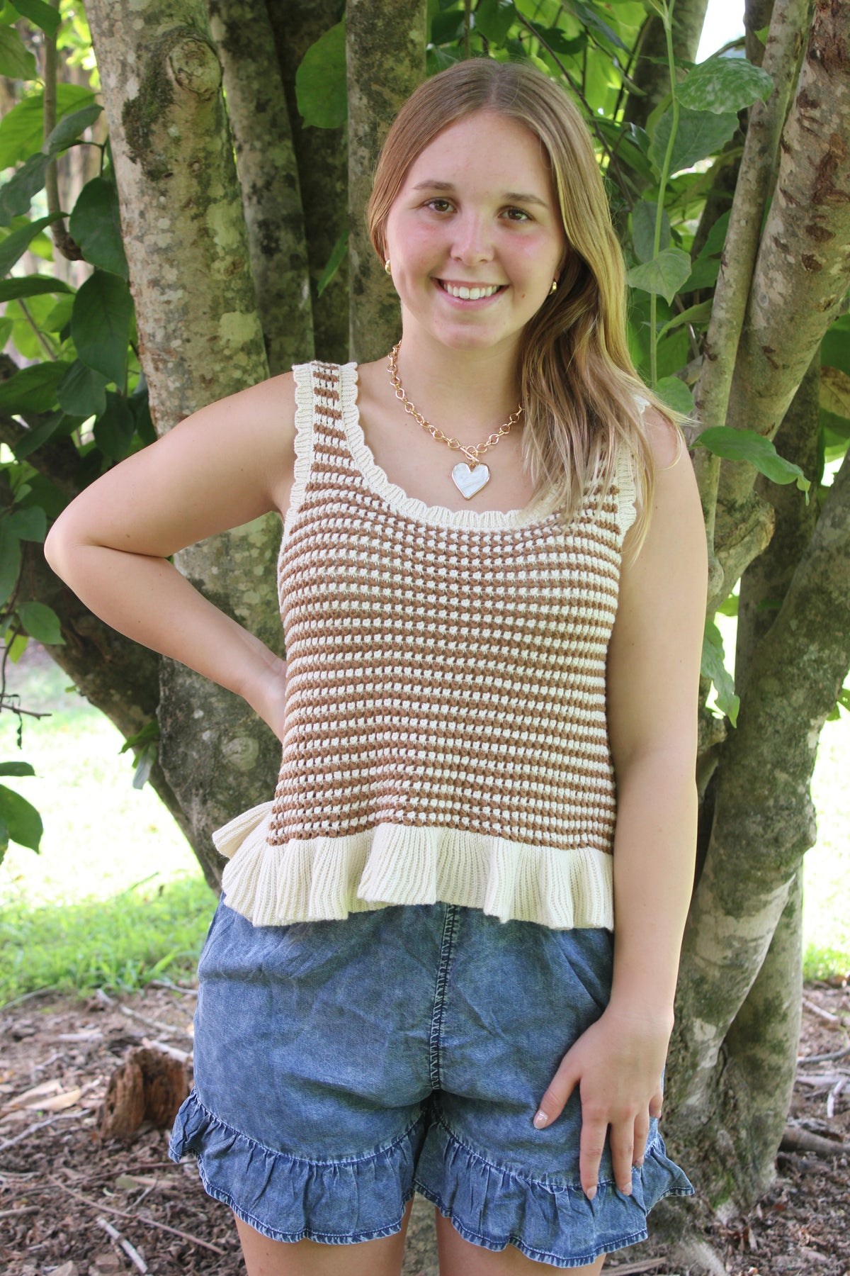 Ruffle Hem Stripe Sleeveless Knit Sweater