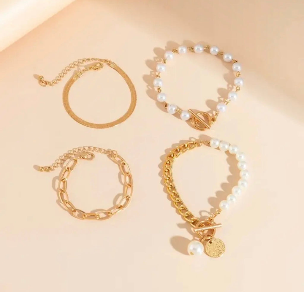 Gold Pearl & Herringbone Layered Bracelet Set