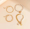 Gold Pearl & Herringbone Layered Bracelet Set